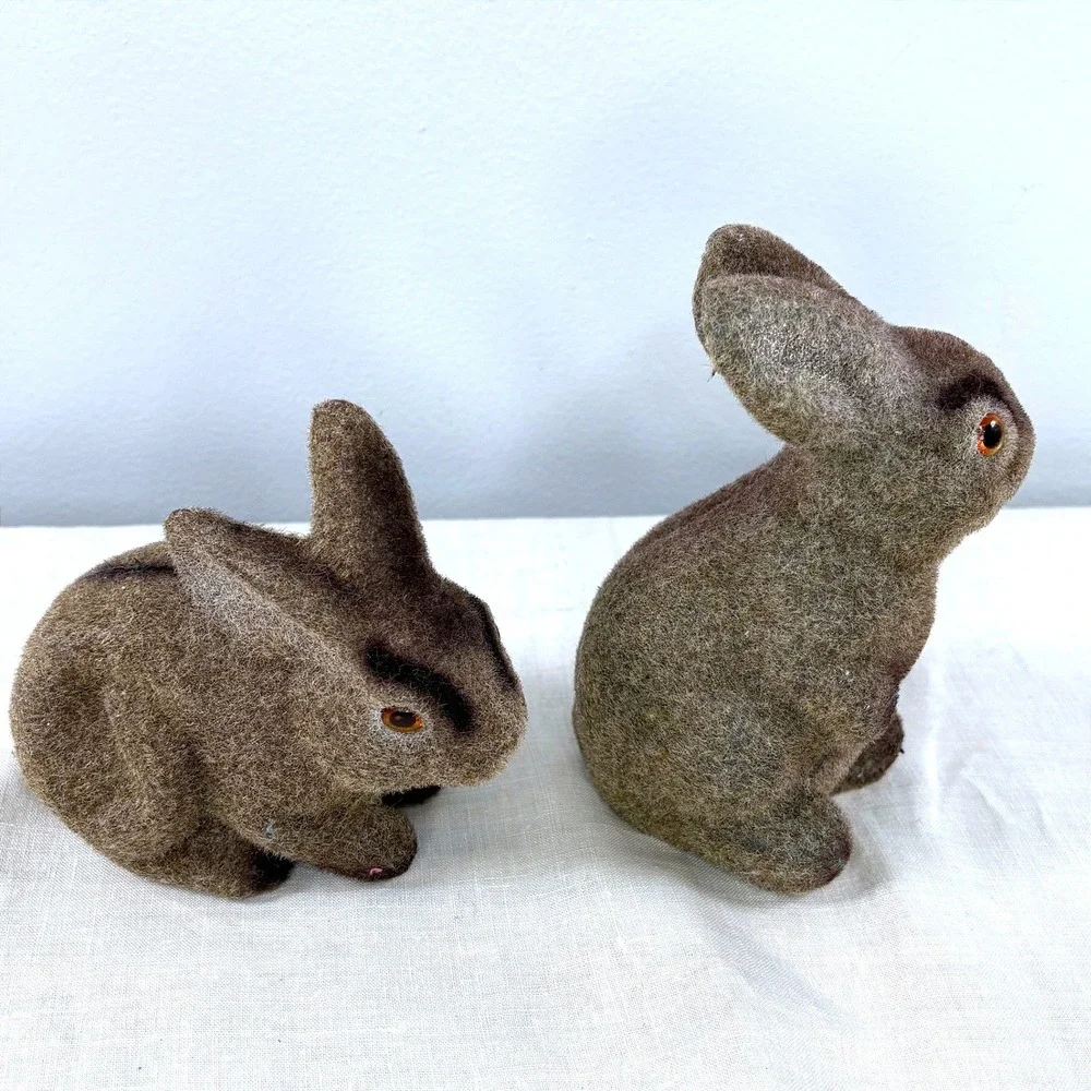 Vintage Flocked Brown Bunny Rabbit Figurine Set 2 Piece Easter Woodland Decor